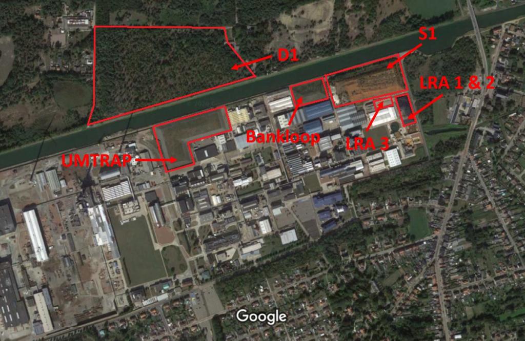 Localisation des différentes installations nucléaires de classe 2 visant à l’entreposage de terres contaminées sur le site d’Umicore à Olen. Les décharges D1 et S1 sont également indiquées.